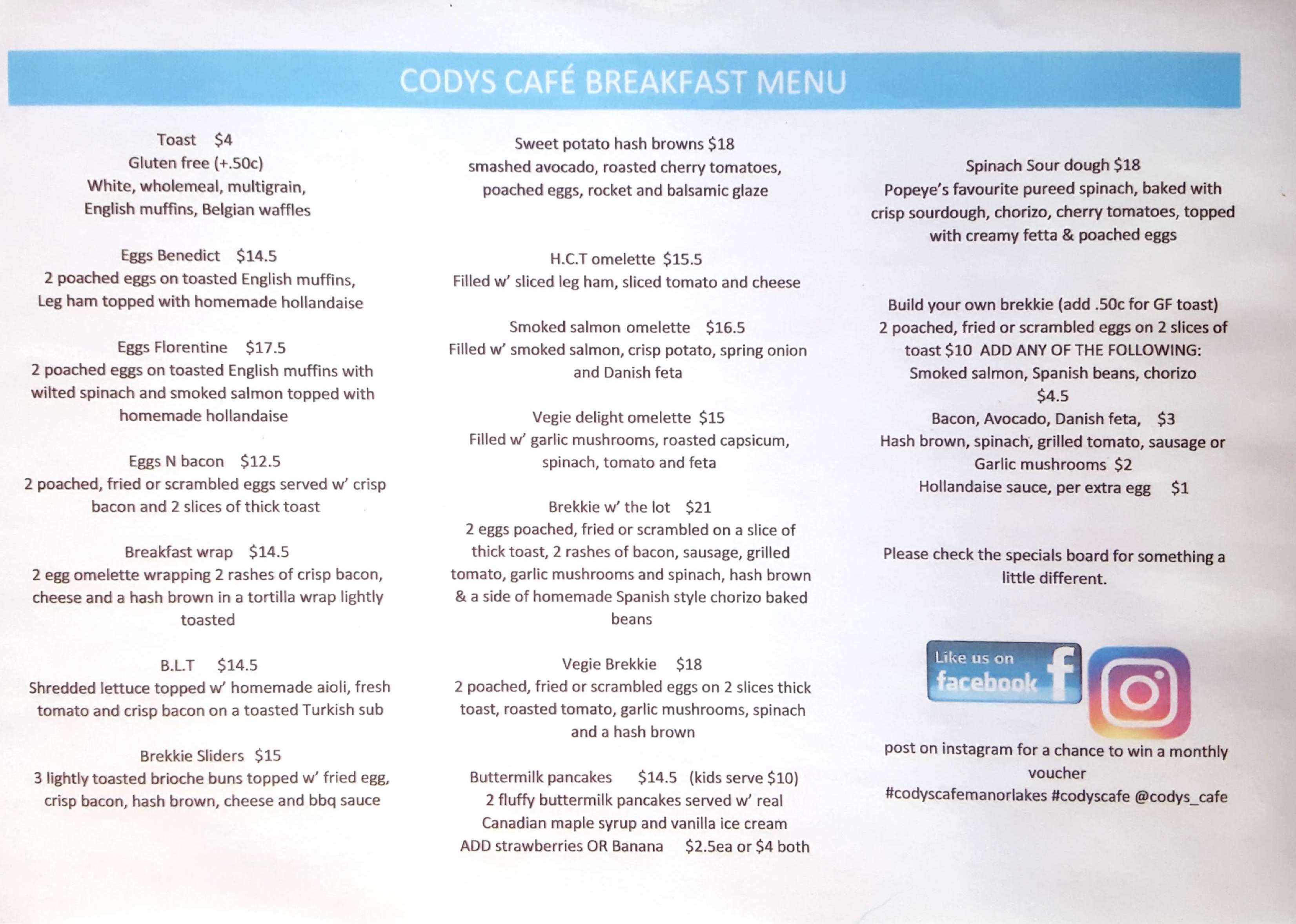 Cody's Cafe Menu, Menu untuk Cody's Cafe, Werribee, Melbourne