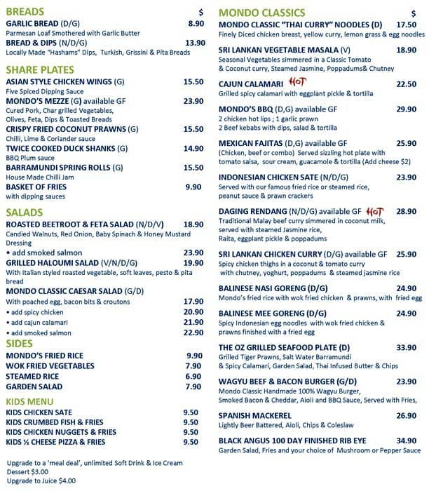 Mondo on the Waterfront Menu, Menu for Mondo on the Waterfront, Cairns