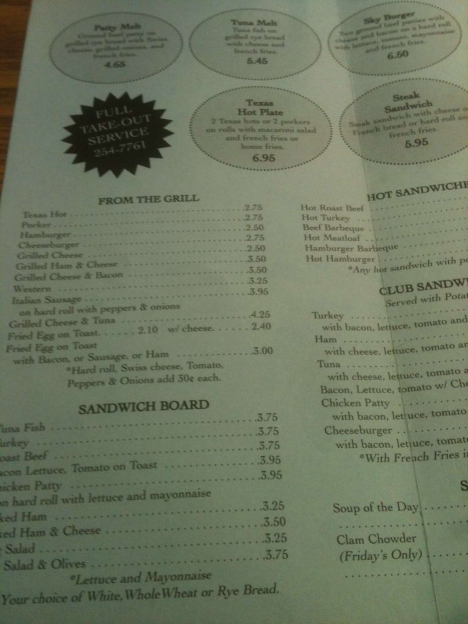 Carta de Bill's Diner
