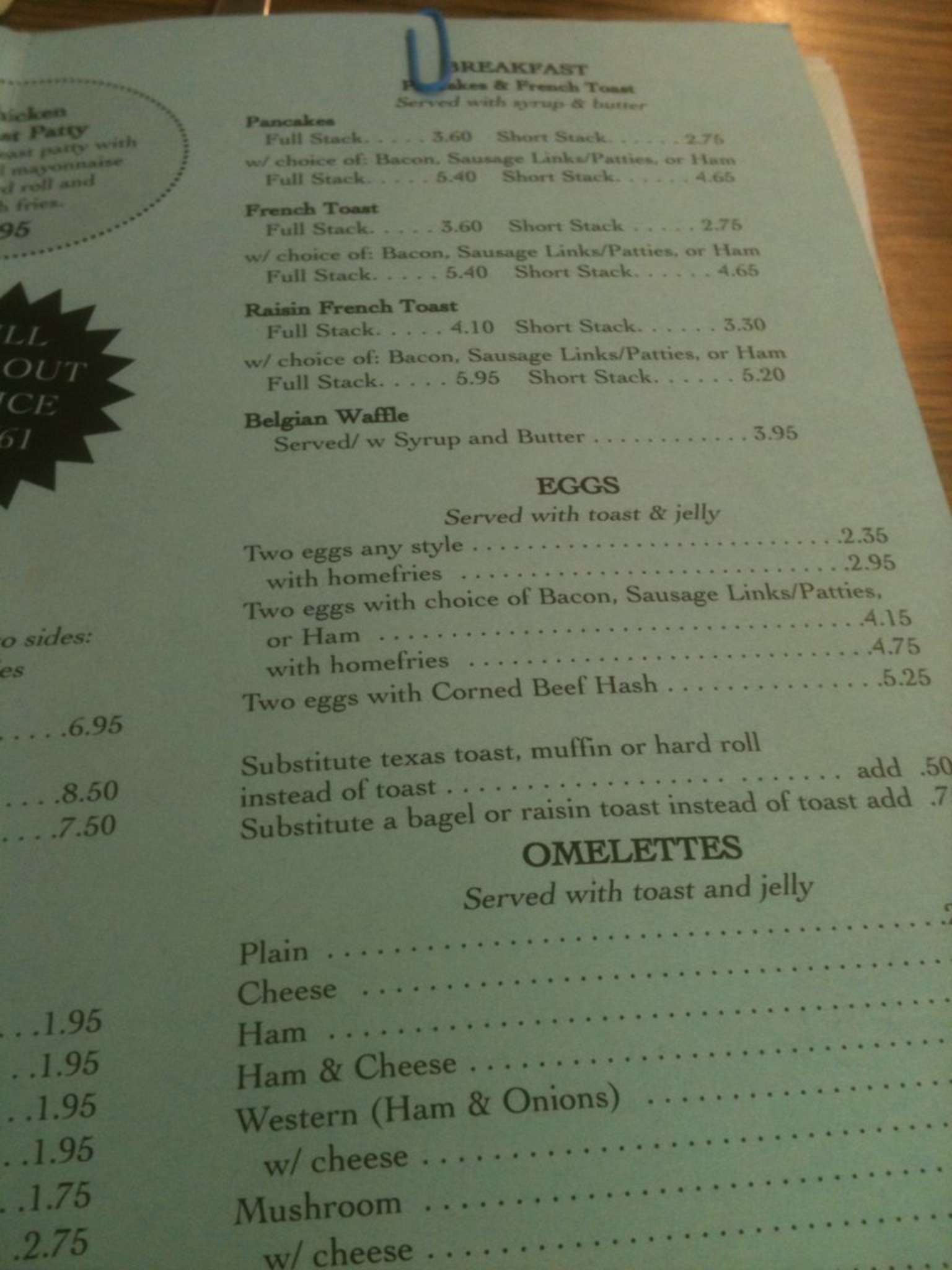 Carta de Bill's Diner
