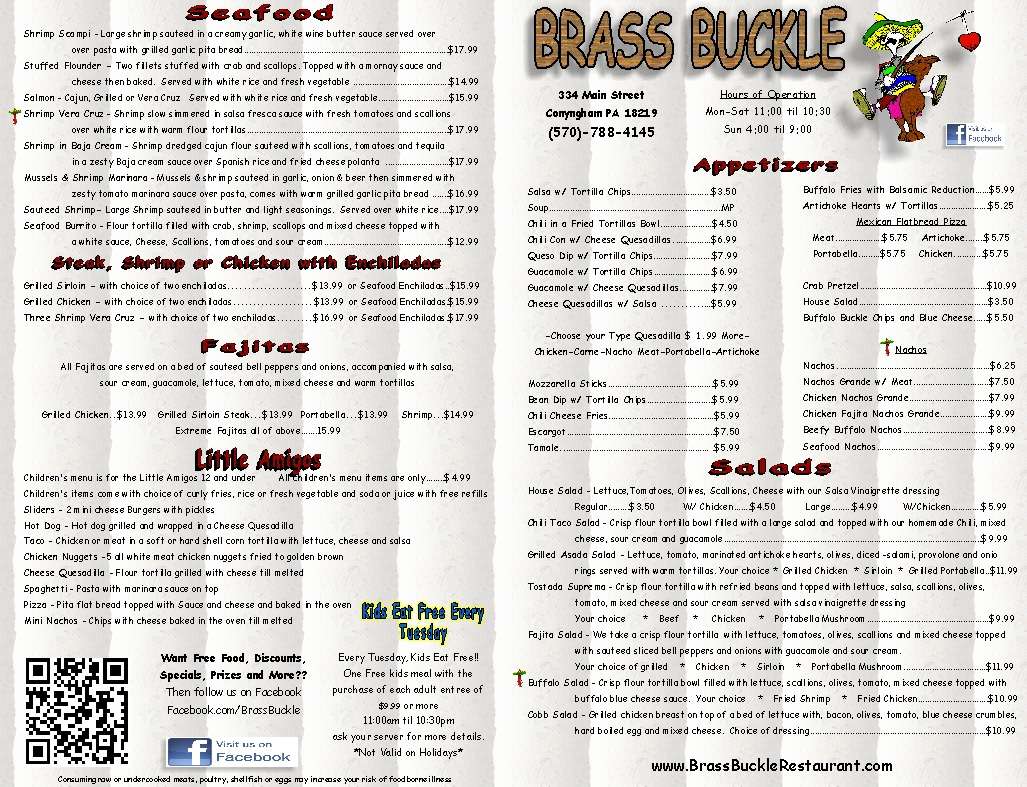 Menu at Brass Buckle Restaurant, Conyngham