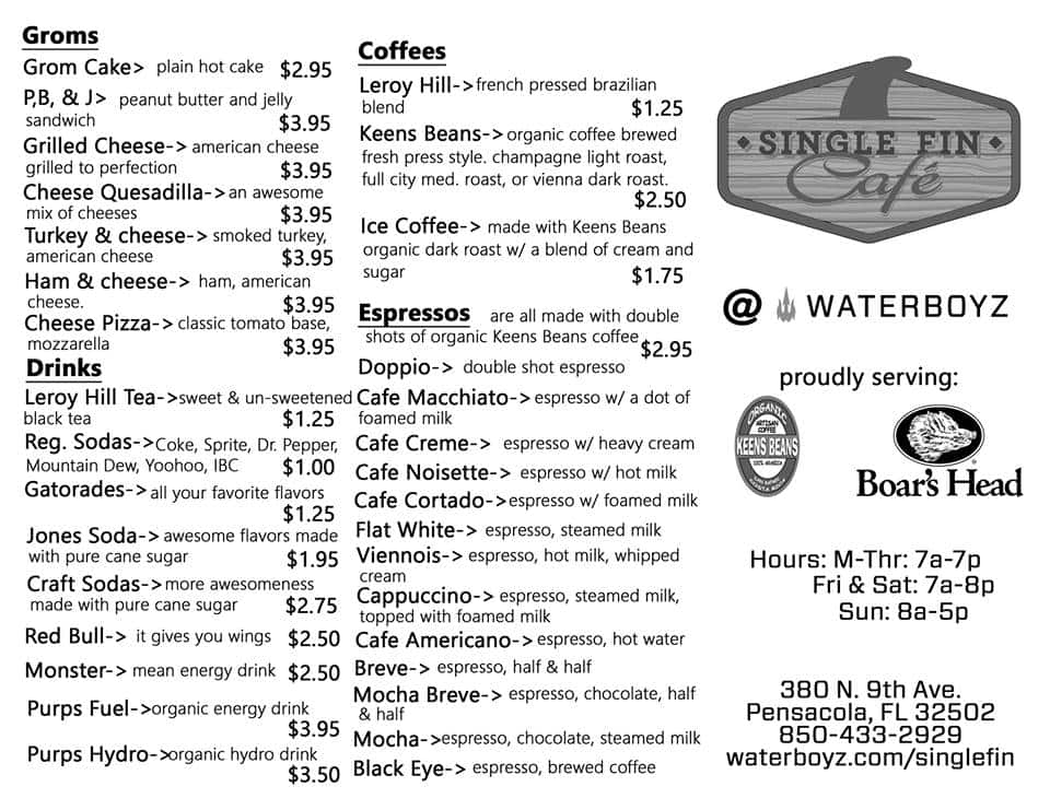 Single Fin Cafe Menu, Menu de Single Fin Cafe, Pensacola, Pensacola Urbanspoon/Zomato