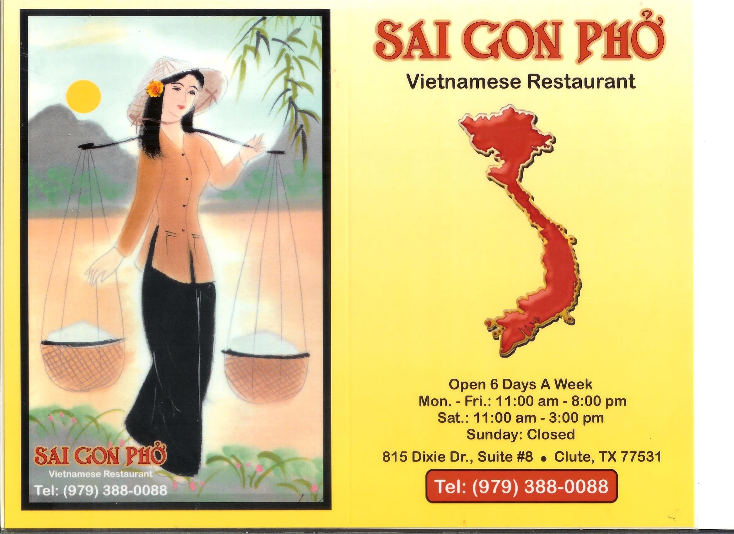 Menu at Saigon Pho Vietnamese Restaurant, Clute