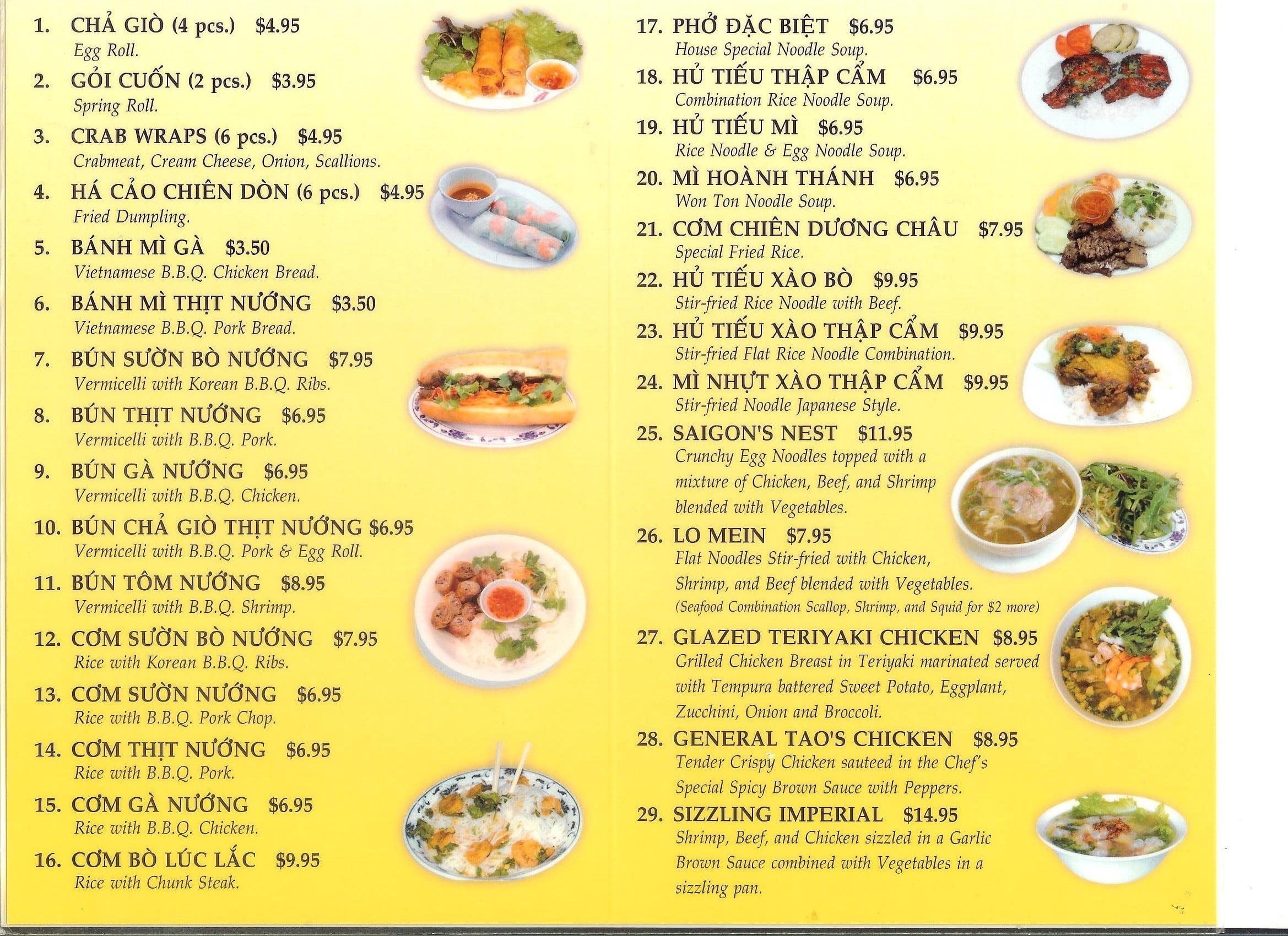 Menu at Saigon Pho Vietnamese Restaurant, Clute