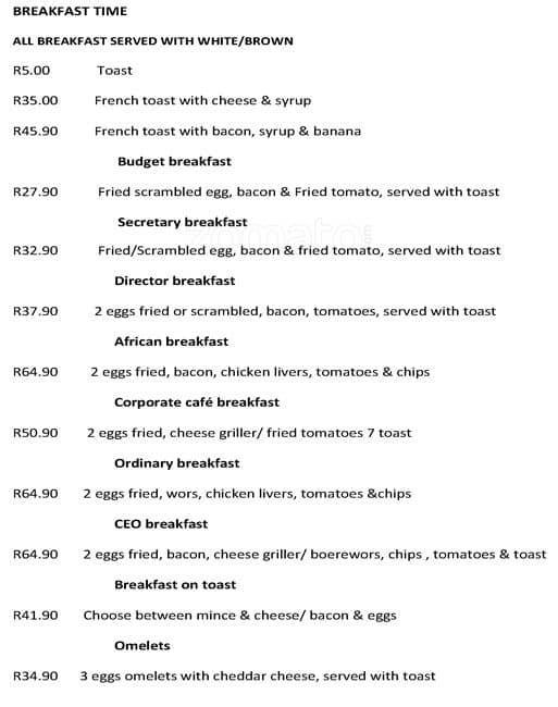 Corporate Cafe Menu, Menu for Corporate Cafe, Nelspruit, Nelspruit ...