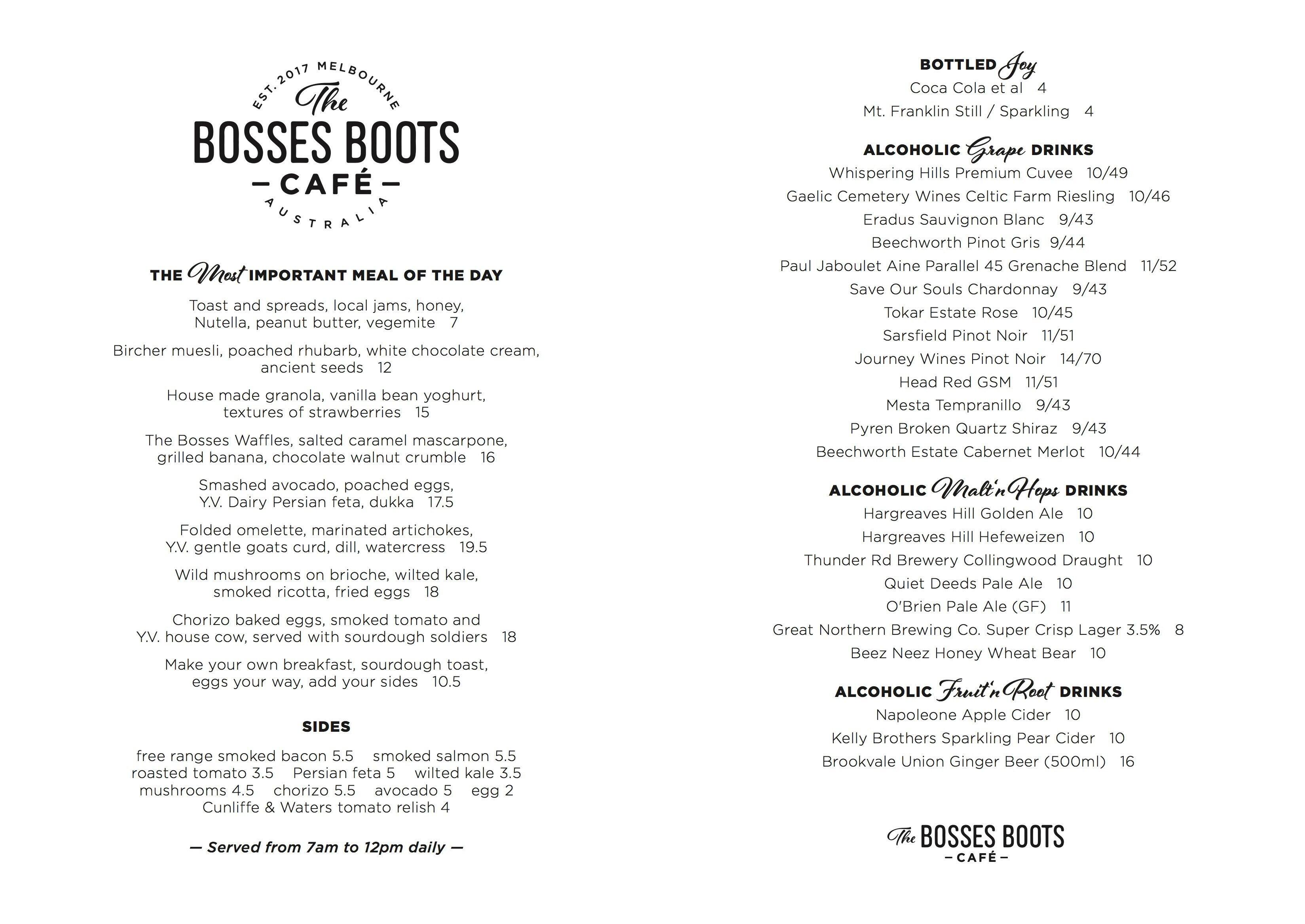 The Bosses Boots Cafe Menu, Menu for The Bosses Boots Cafe, Chirnside