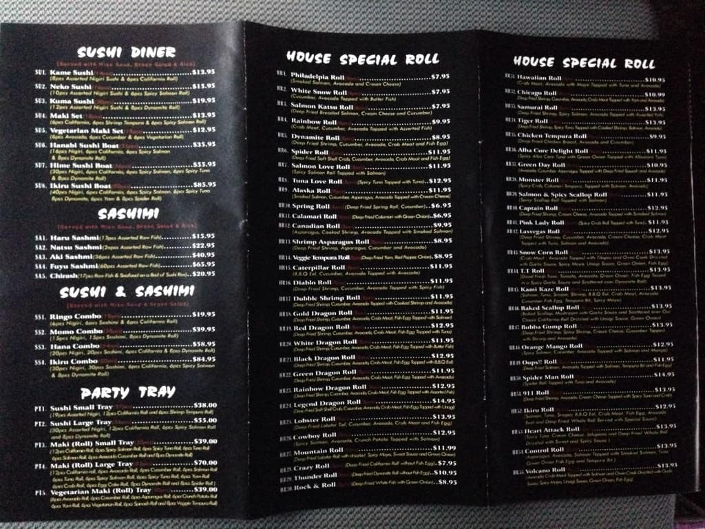 Menu at Ikiru Sushi restaurant, Fergus