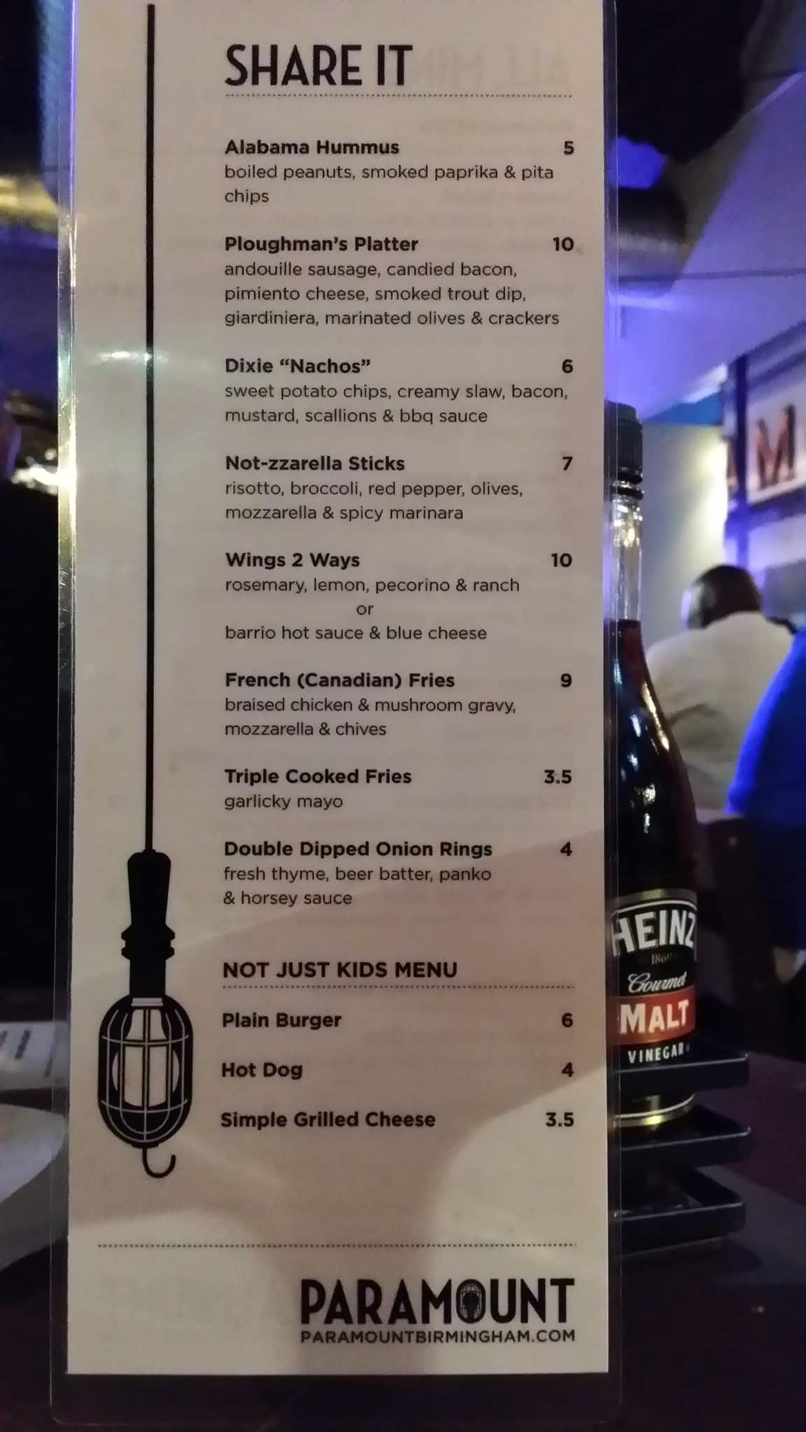 Menu at Paramount Bar, Birmingham