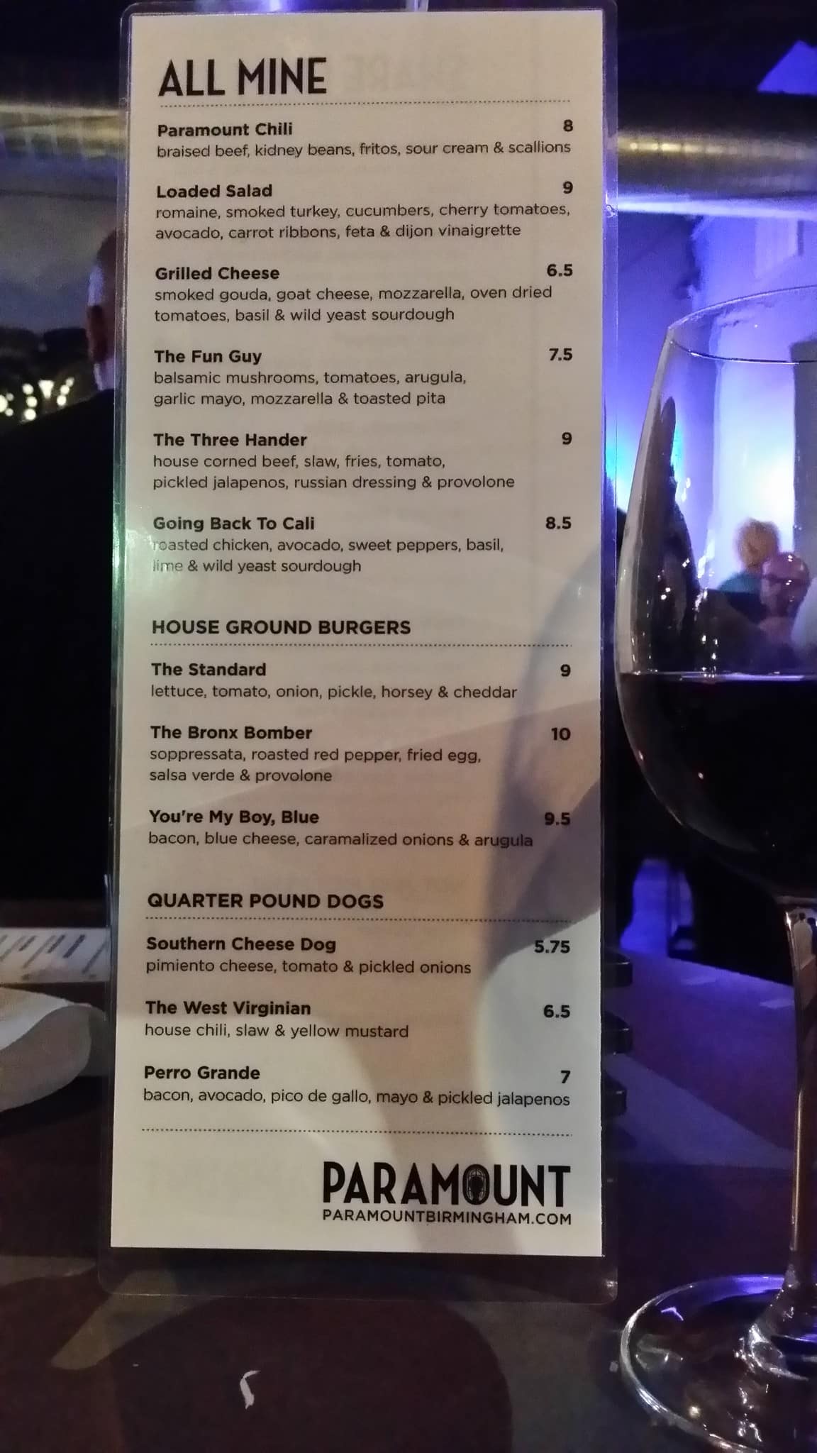Menu at Paramount Bar, Birmingham