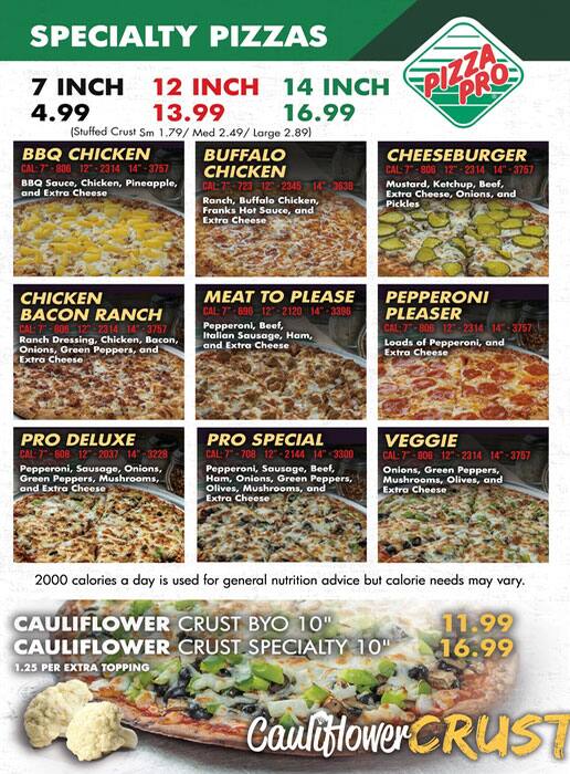 Pizza Pro menu