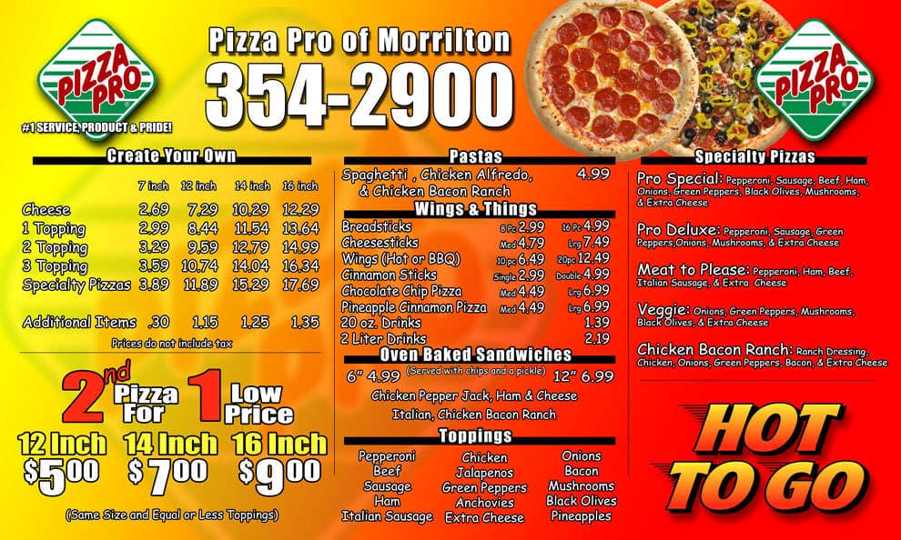 Pizza Pro menu, Menu restauracji Pizza Pro, Morrilton, Morrilton
