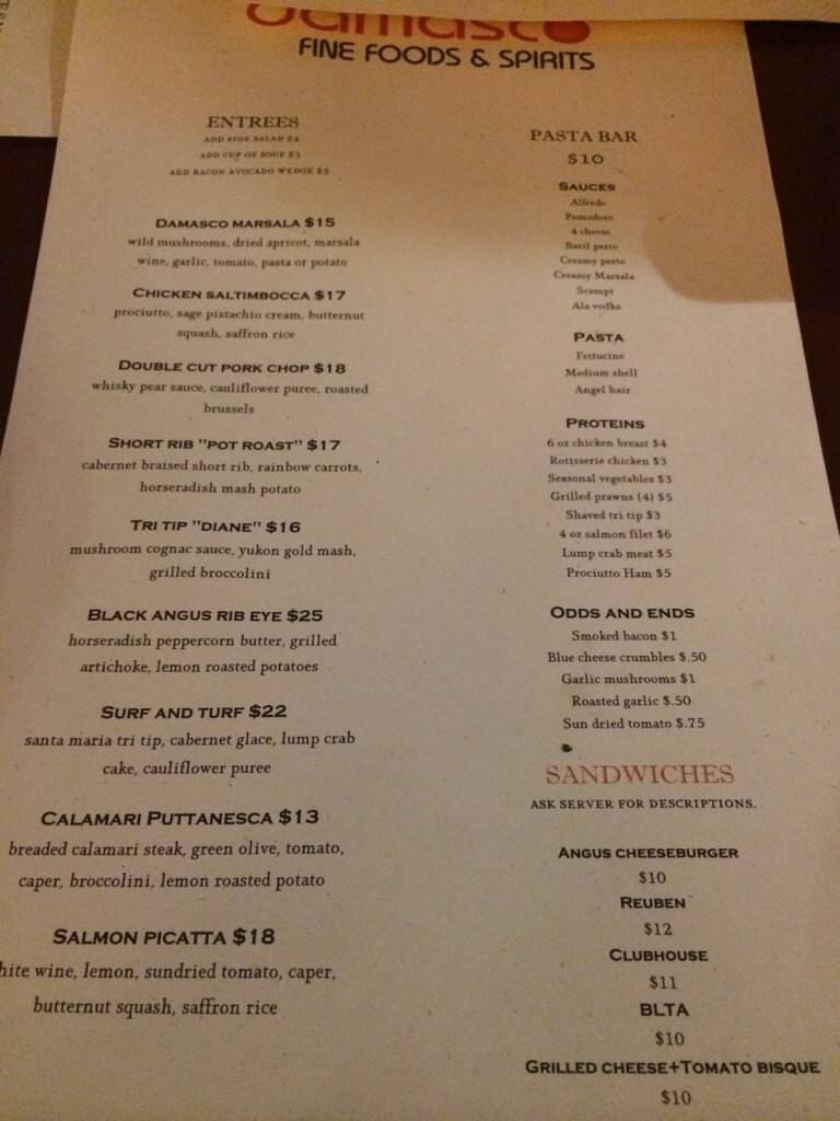 Damasco's menu