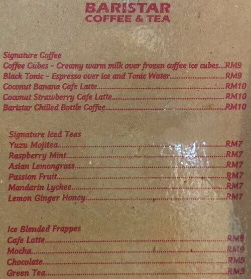 Baristar Coffee & Tea Express Menu Zomato Malaysia