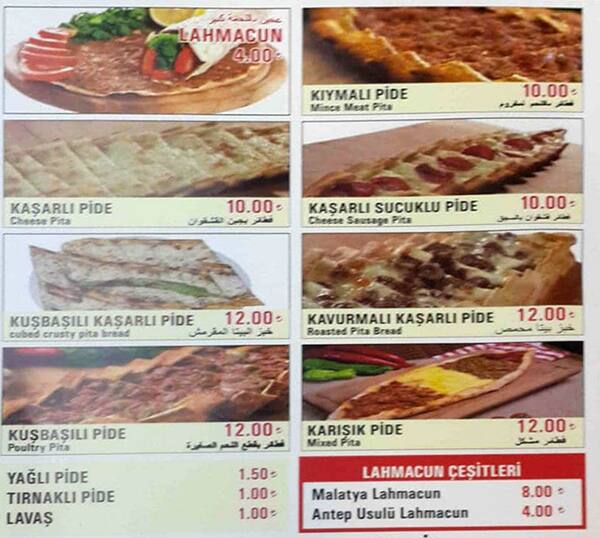 oz malatya pide ve lahmacun salonu menu