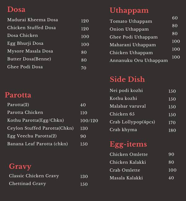 Menu of Tamilnadu Kerala Mess, Kammanahalli, Bangalore