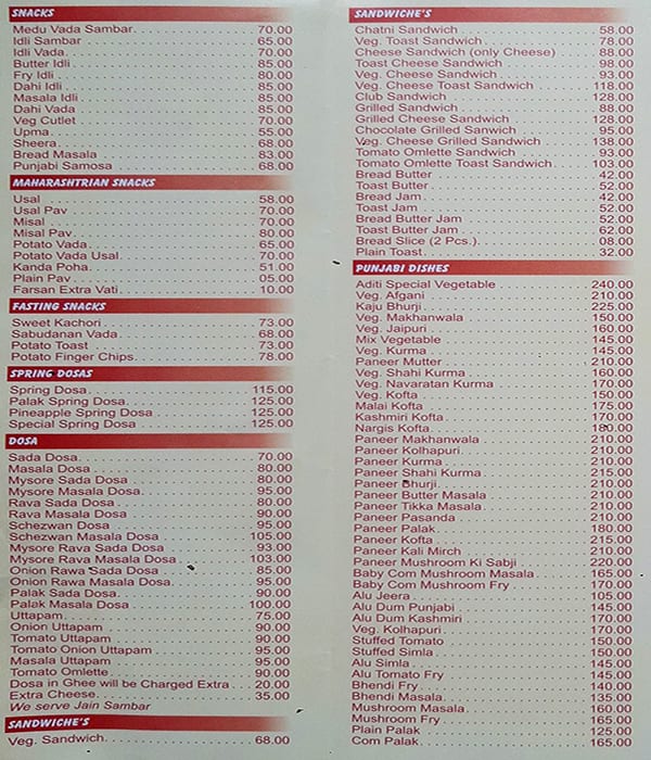 Aditi Veg Restaurant menu
