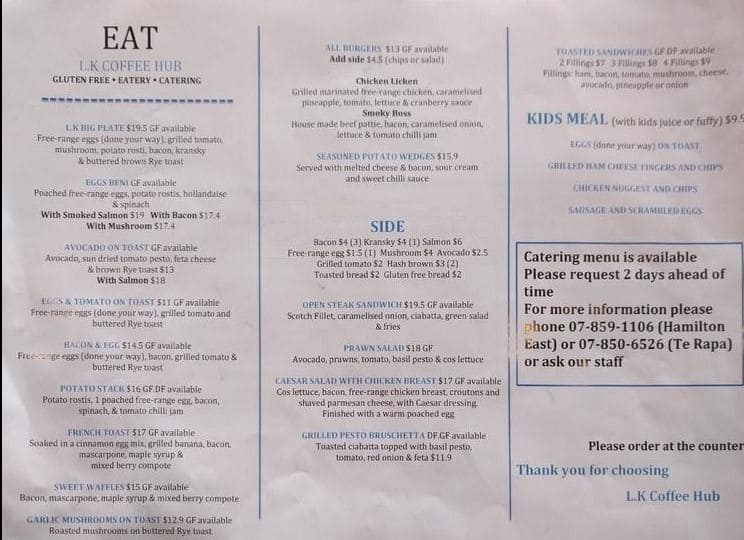 Menu at De Coffee Hub cafe, Hamilton, 265 Grey St