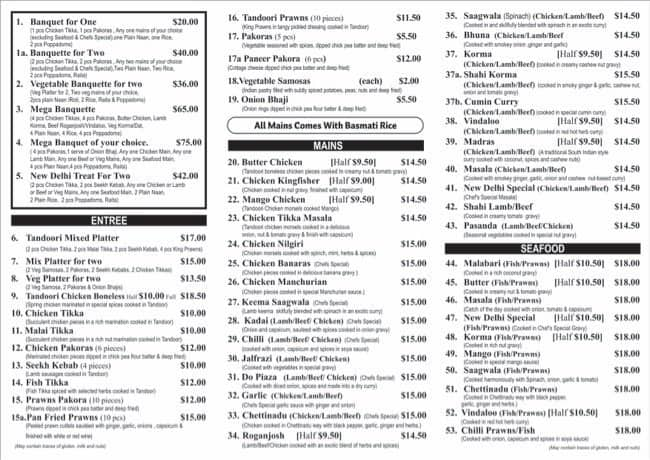 New Delhi Restaurant Menu, Menu for New Delhi Restaurant, Dinsdale ...