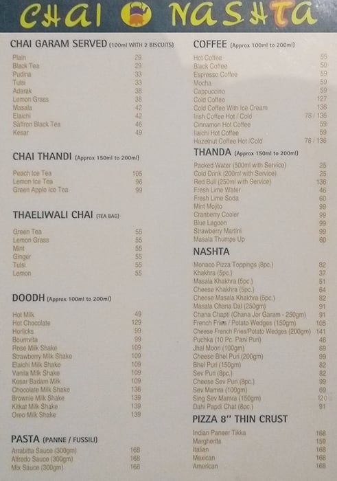 Menu at Chai Nashta, Ahmedabad