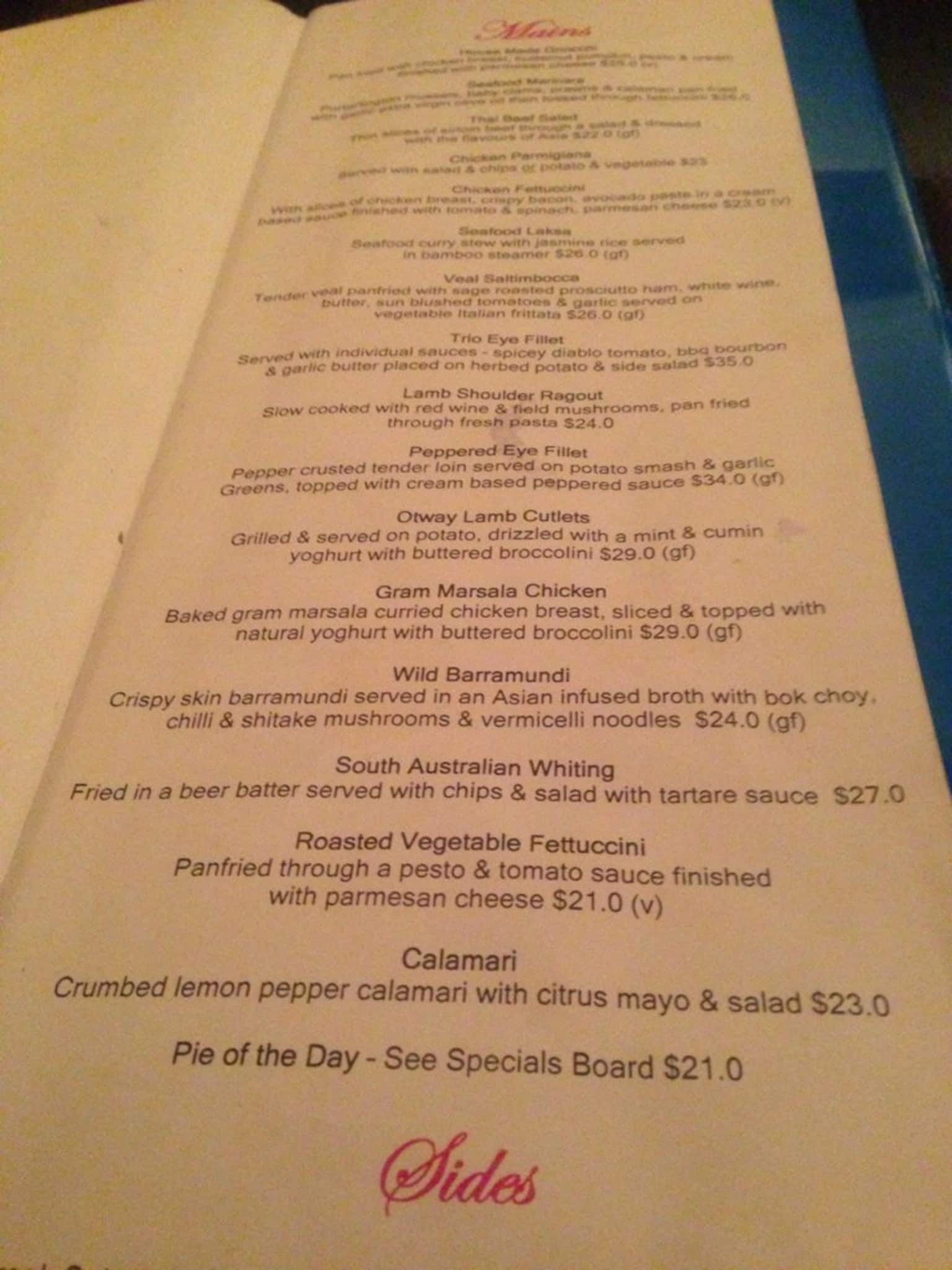 Carlton Hotel Menu, Menu for Carlton Hotel, Geelong CBD, Geelong