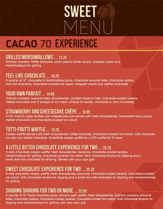 Menu at Cacao 70 cafe, Ottawa, 225 Marché Way 109