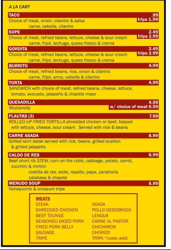 Menu at Taqueria Real De La Villa restaurant, Marietta