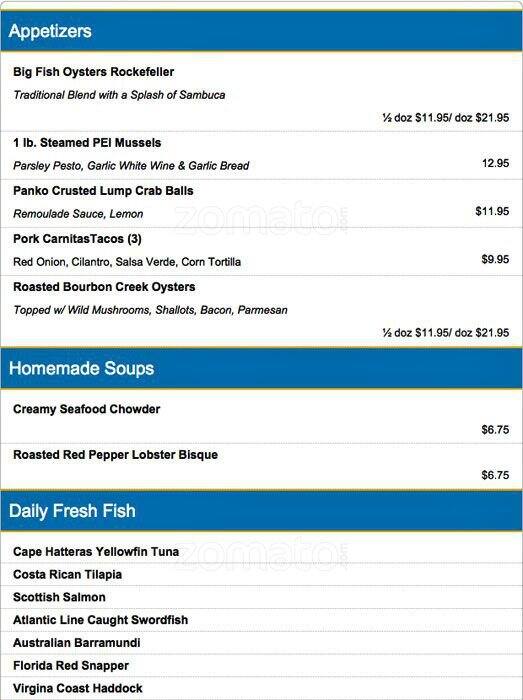 Menu at Big Fish Grill Glen Mills restaurant, Glen Mills