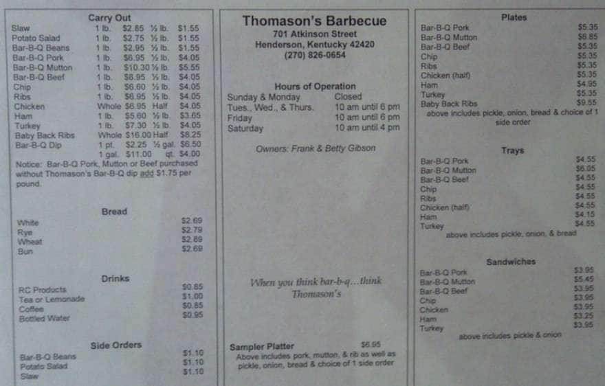 Menu at Thomason's Barbecue, Henderson