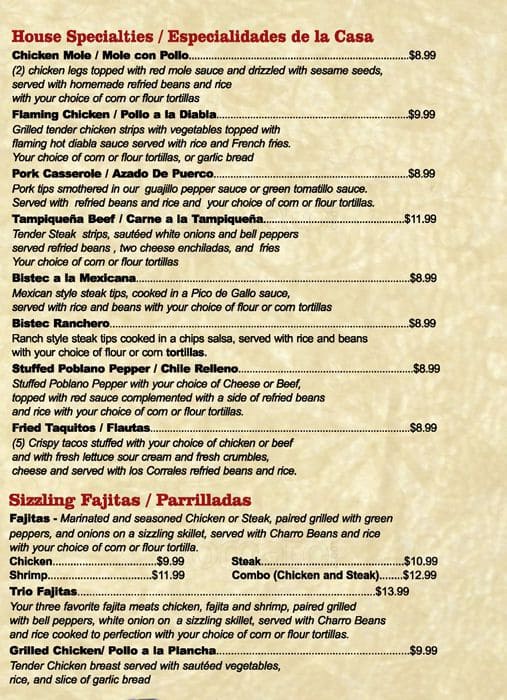 Menu at Los Corrales Mexican Cuisine restaurant, Garland