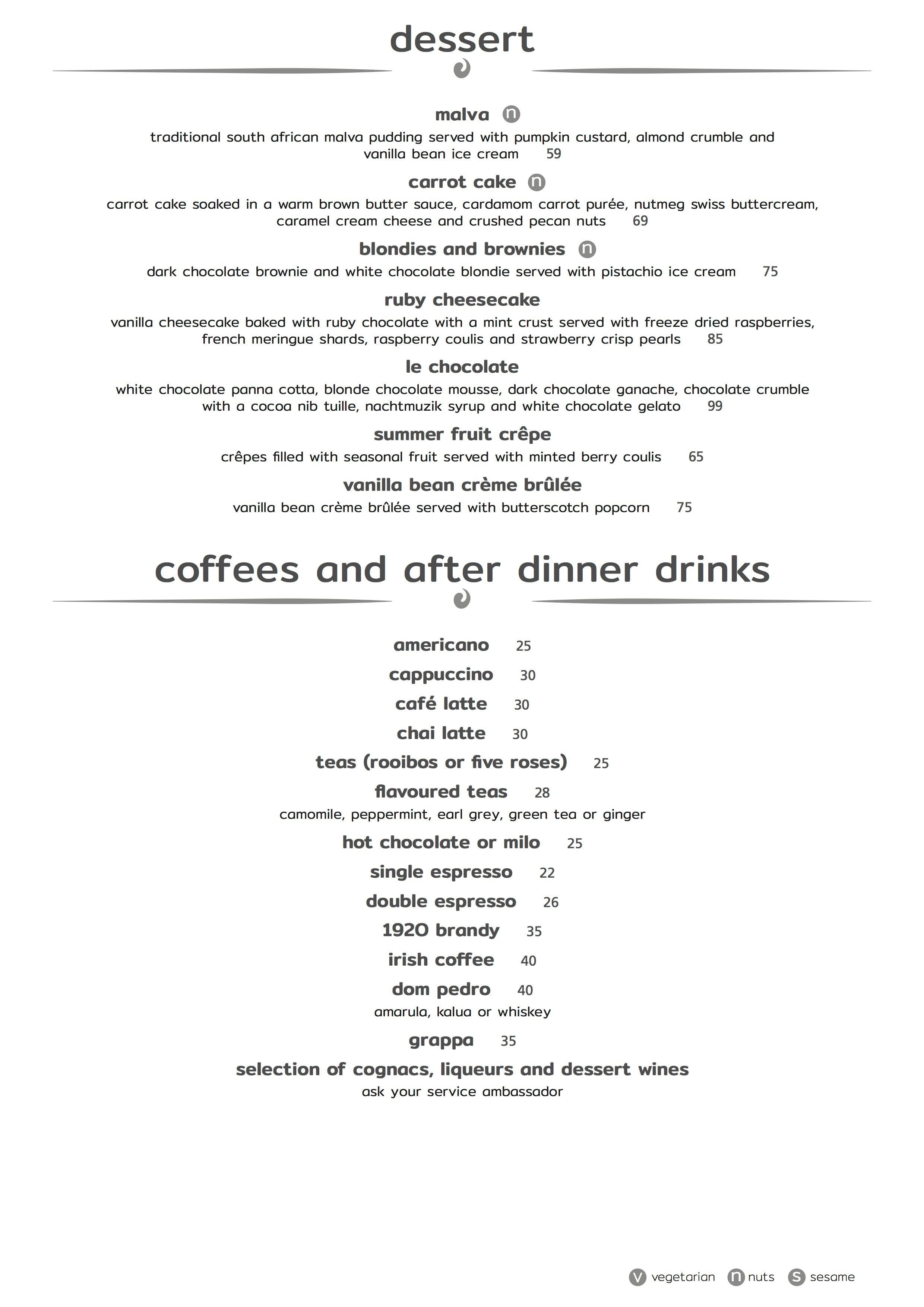 Menu at Kream restaurant, Pretoria