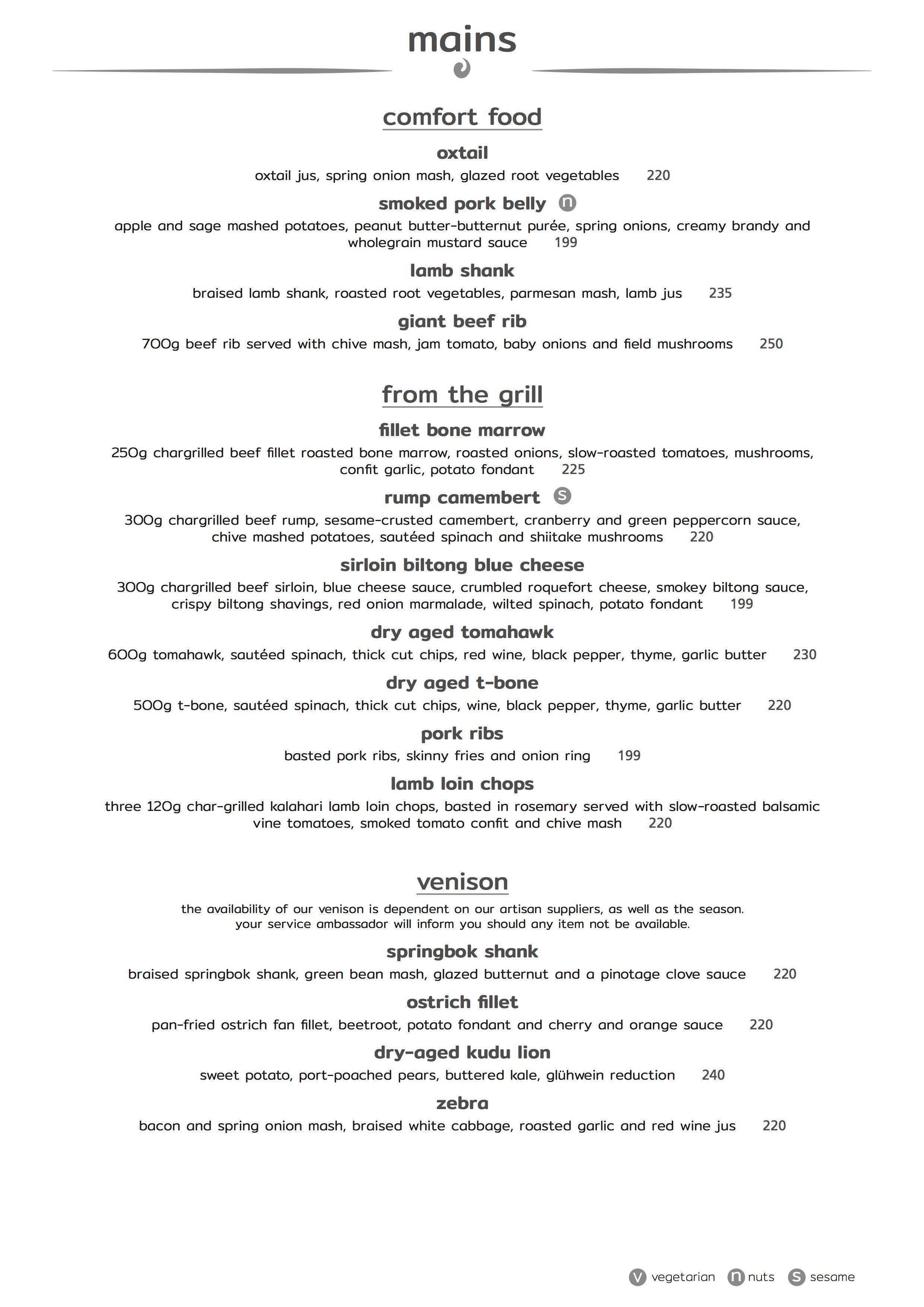 Menu at Kream restaurant, Pretoria