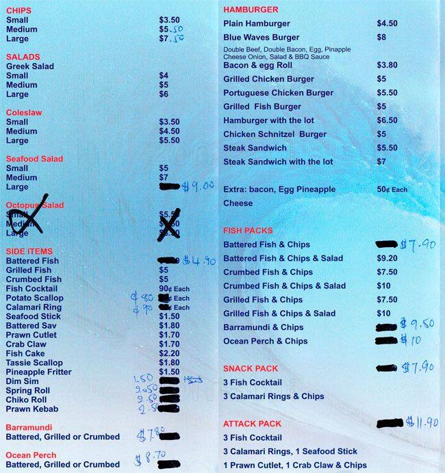 Menu at Blue Waves restaurant, Camden
