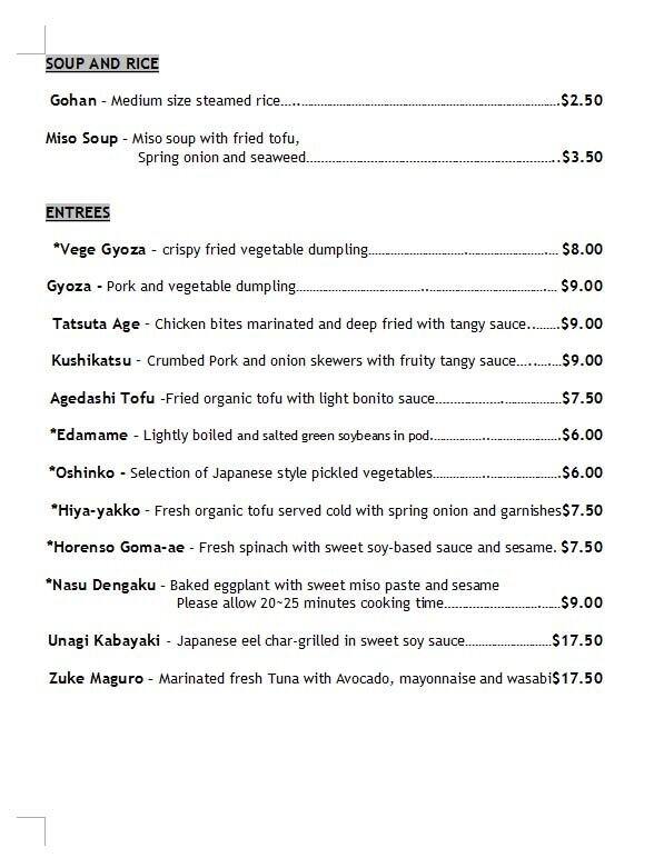 Menu at Tanabe Japanese Restaurant, Mordialloc