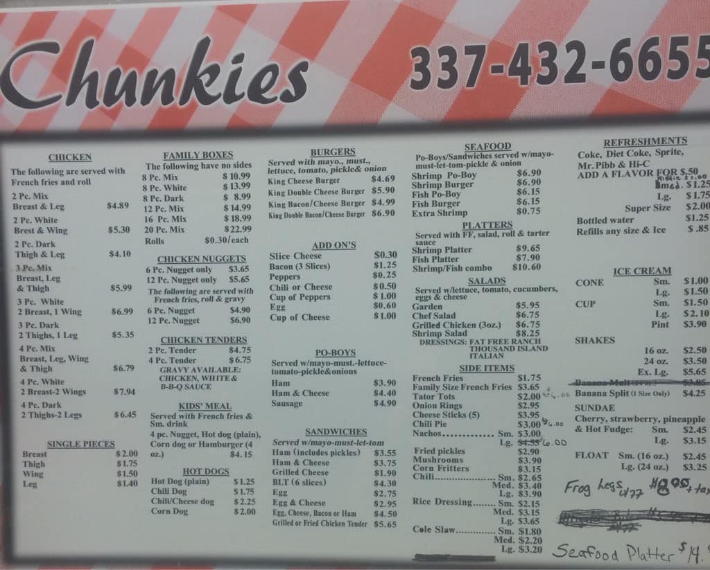 Chunkies Drive Inn Menu, Menu for Chunkies Drive Inn, Basile, Basile
