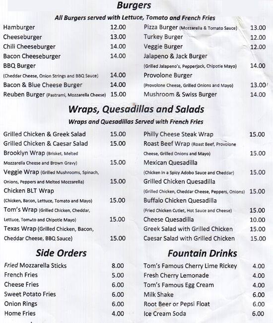 Menu at Tom's restaurant, New York City, Riegelmann Boardwalk