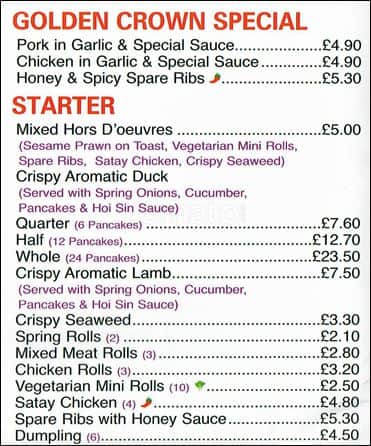Golden Crown Menu Menu For Golden Crown Watford London