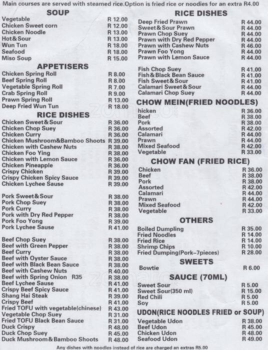 Chinese Wok & Sushi Bar Menu Zomato SA