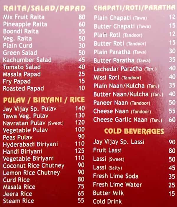 JayVijay Restaurant & Dining Hall menu