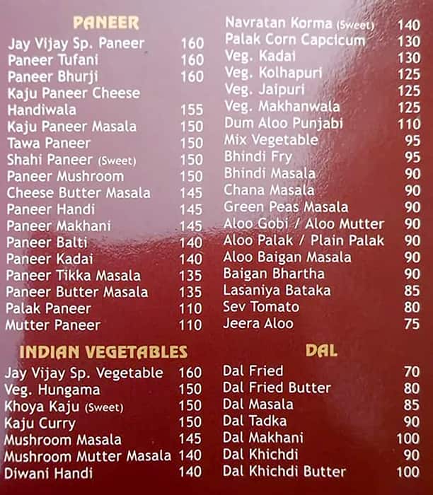 JayVijay Restaurant & Dining Hall menu