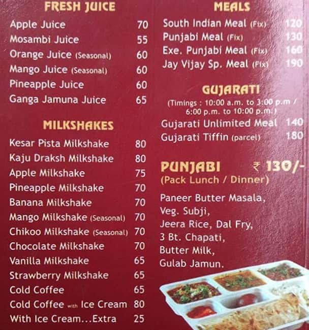 JayVijay Restaurant & Dining Hall menu