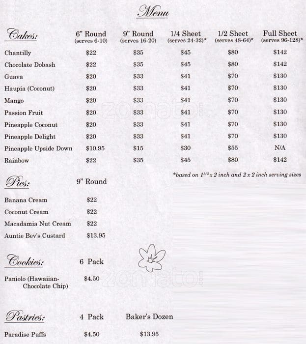 Cakes of Paradise Bakery Menu, Menu for Cakes of Paradise ...