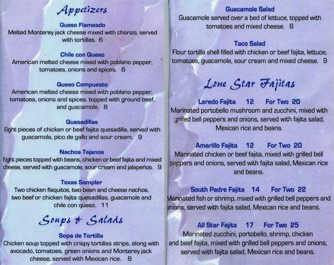 Menu at Azul Tequila restaurant, Austin, S Lamar Blvd a2