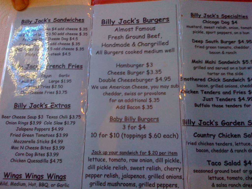Billy Jack's Burger Shack Menu Urbanspoon/Zomato
