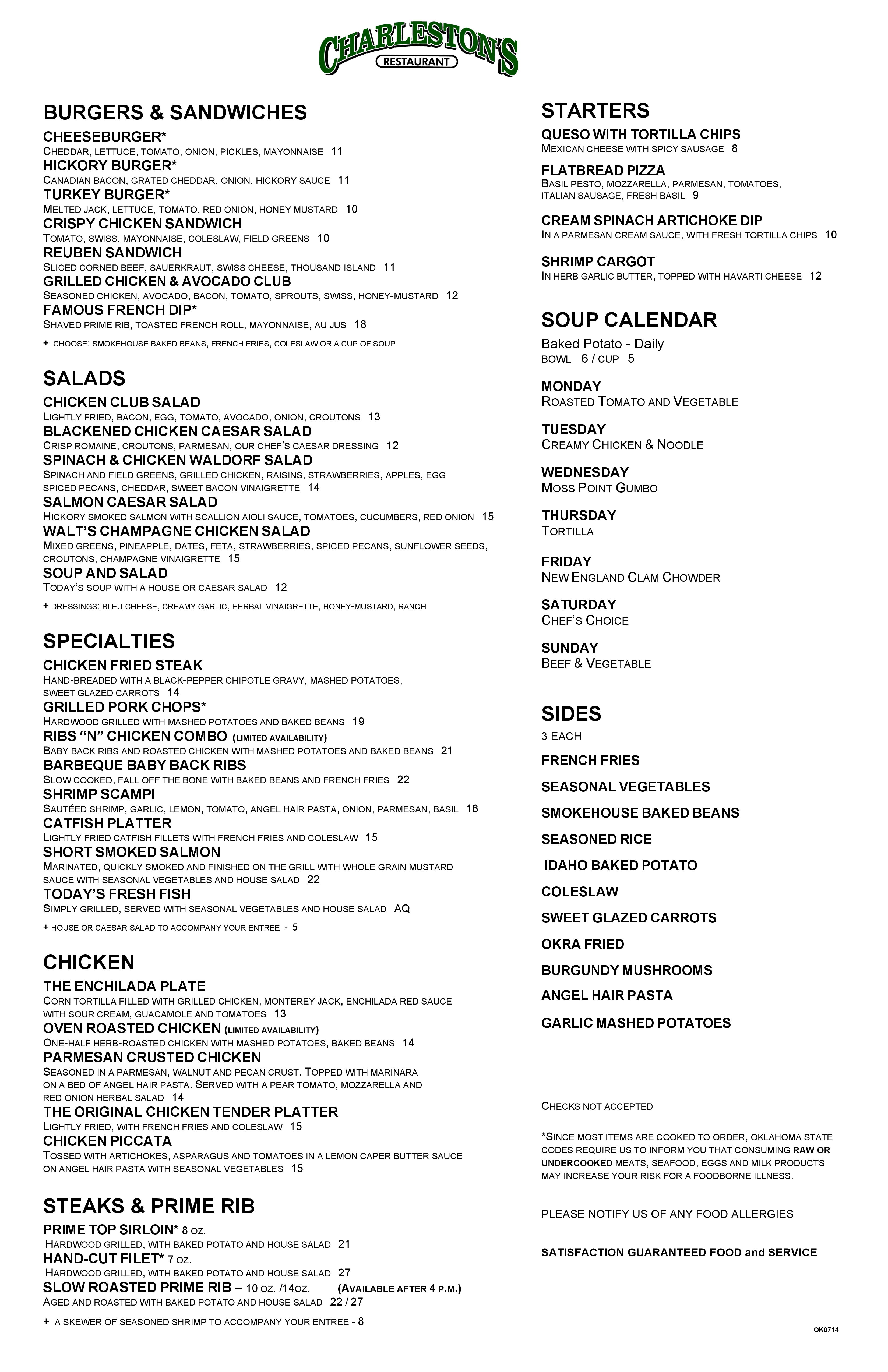 Menu at Charleston's steakhouse, Broken Arrow, 251 E Hillside Dr