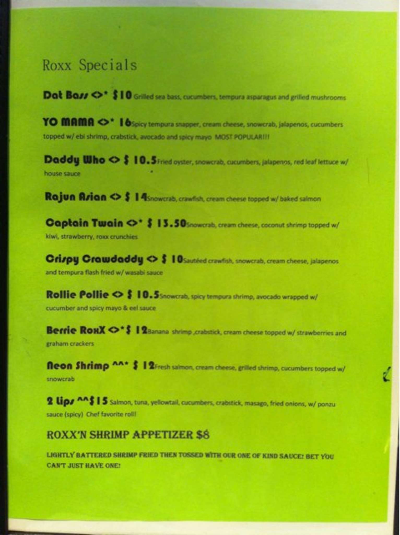 Carta de Sushi Roxx