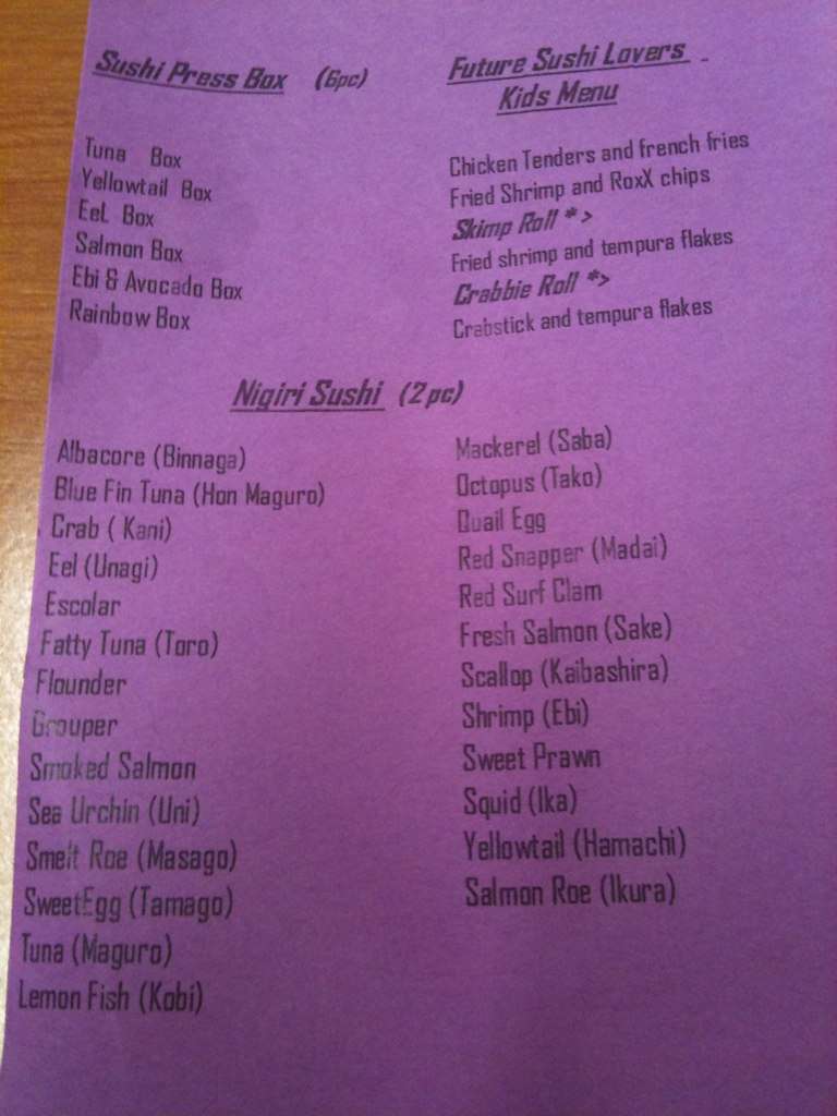 Carta de Sushi Roxx