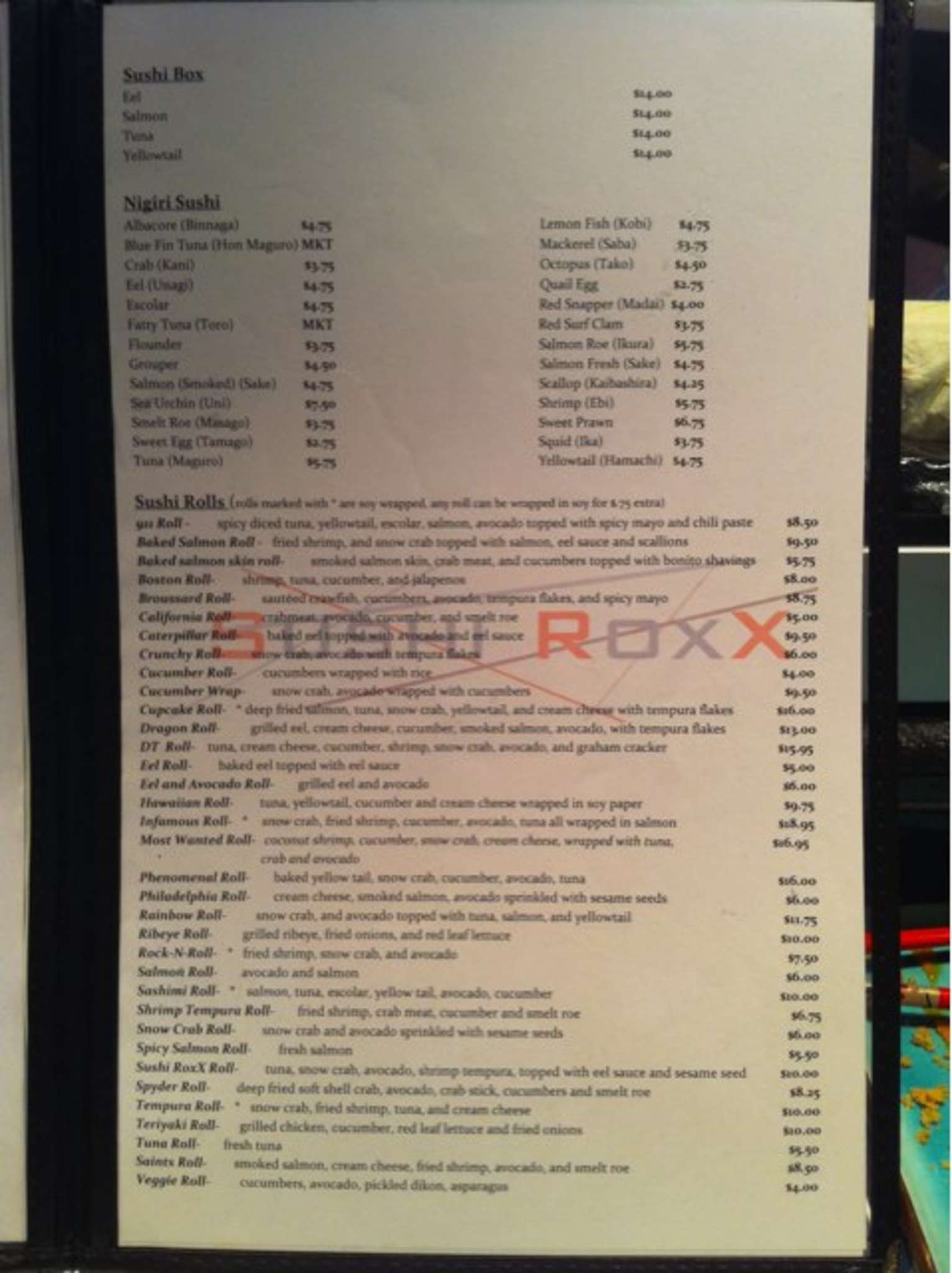Carta de Sushi Roxx