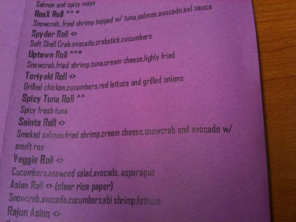 Carta de Sushi Roxx