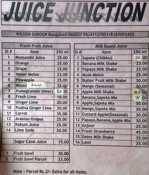 Juice Junction menu, Menu restauracji Juice Junction, Wilson Garden