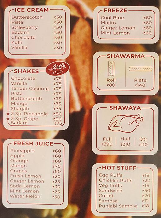 Menu of eZed Bakers, Sreekariyam, Trivandrum